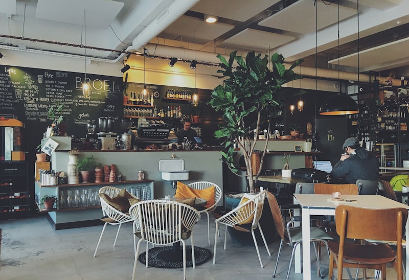 Industrial interior of the cat cafe with exposed brick and pipes